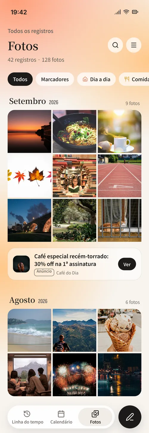 Linha do tempo · Calendário · Fotos