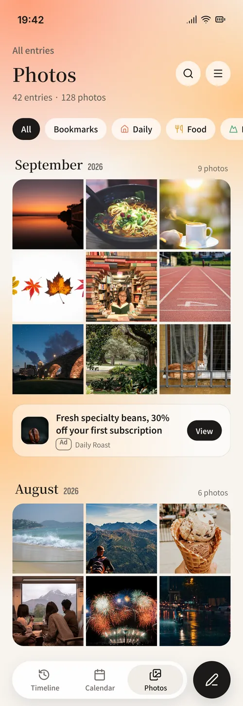 Timeline · Calendar · Photos